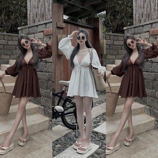 Váy Đũi Babydoll Cổ V 2 Màu