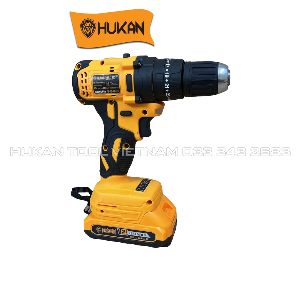 Máy khoan pin HUKAN F50, Tặng 2 Mũi khoan đa năng, 3 Chức Năng, Không Chổi Than