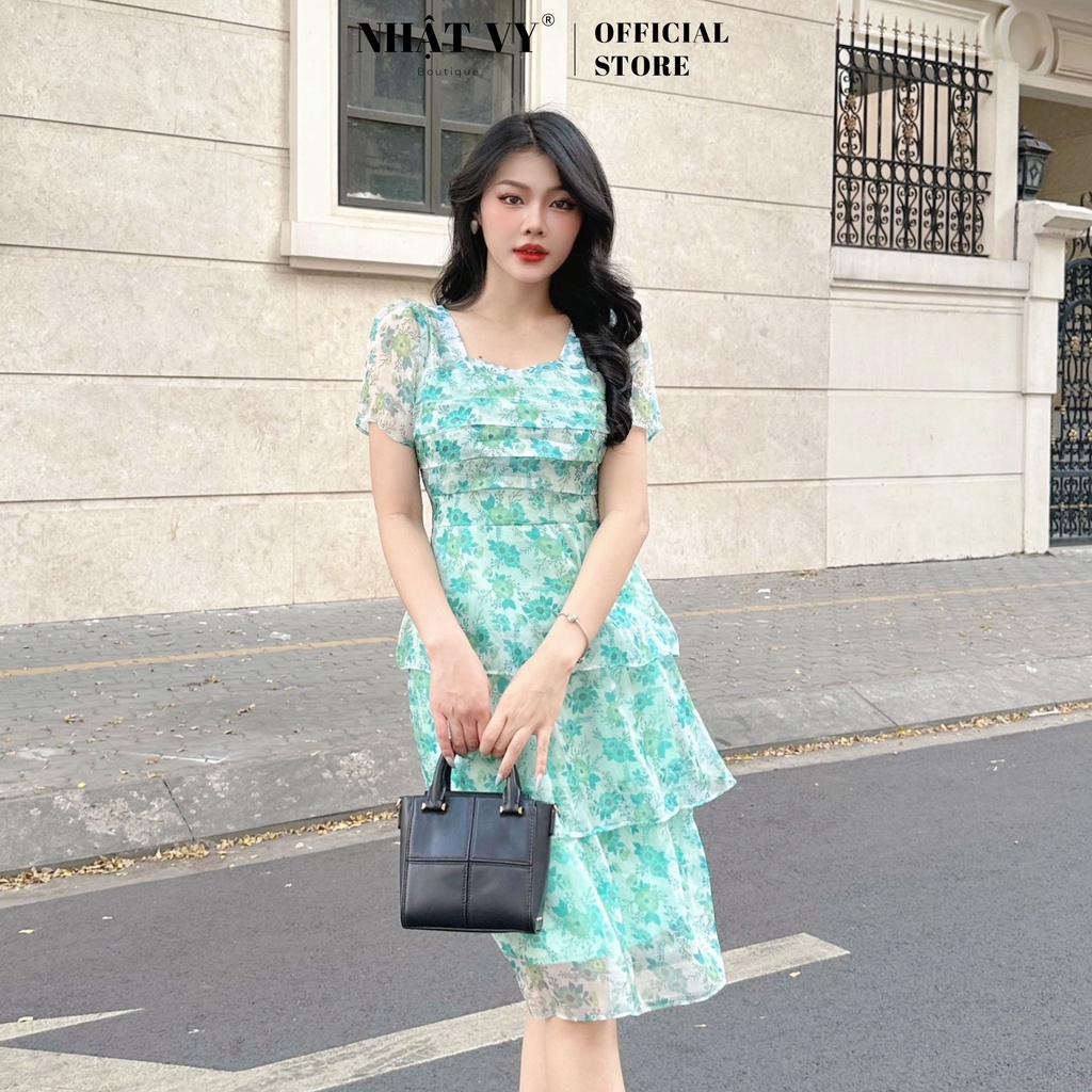 Đầm hoa dạo phố Nhật Vy xếp ly ngực tay ngắn dáng xoè tầng chất vải tơ phù hợp đi chơi công sở cafe sang chảnh - D2660