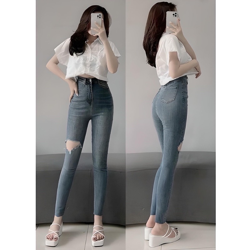 Quần jeans ôm co giãn rách 1 bên đùi lưng cao