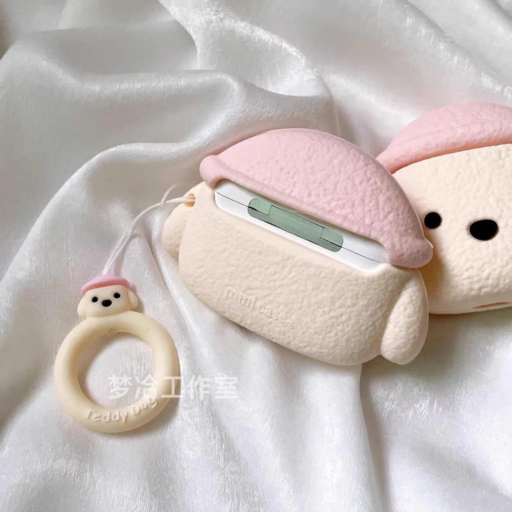 Vỏ Bảo Vệ Hộp Sạc Tai Nghe Bluetooth AirPods 1 / 2 / Pro Gắn Móc Khóa Hình Chú Chó Teddy Màu Hồng Dễ Thương