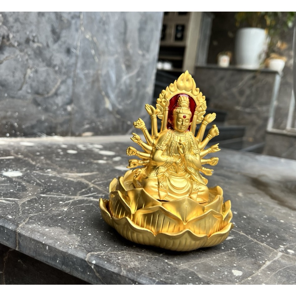 Tượng Phật Bà Quan Âm Nghìn Tay Hai Mặt Trang Trí Taplo Xe Hơi, Bàn Làm Việc Mạ Vàng