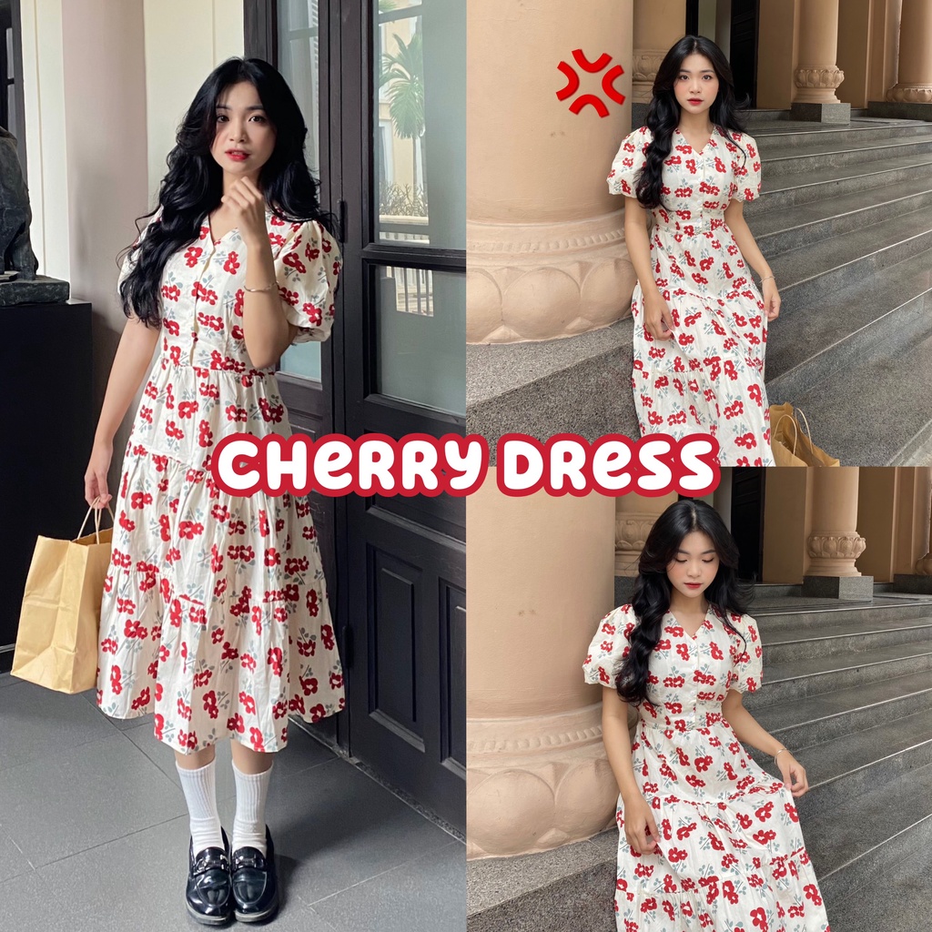 Váy Tay Phồng Dáng Dài Hoa Cherry Dress - Titto Closet