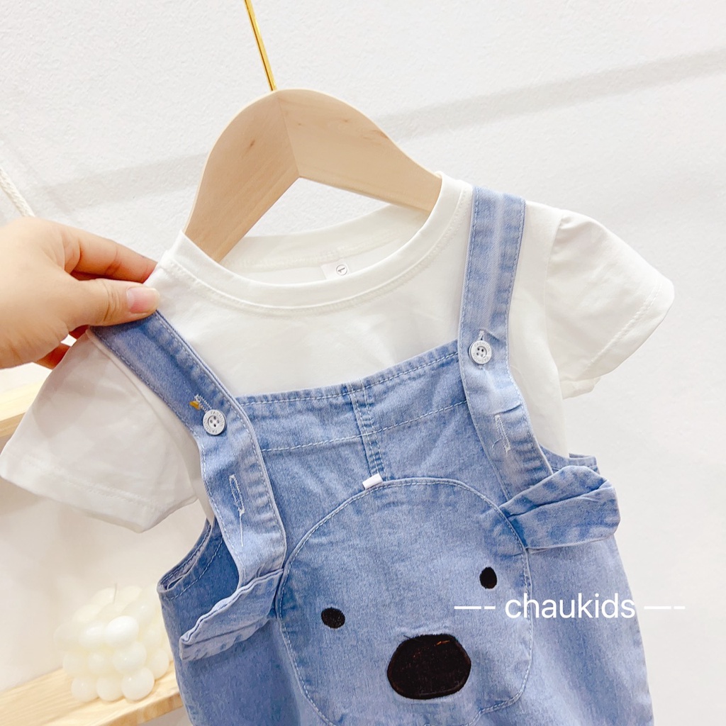 Sét quần yếm kèm áo cotton bé trai Hàn Quốc, set quần yếm mũi đen phối áo trắng cộc tay siêu dễ thương