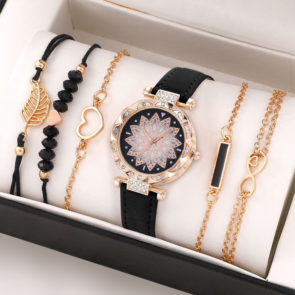Đồng Hồ Quartz Nữ Mặt Đính Hột Xoàn Dây Da