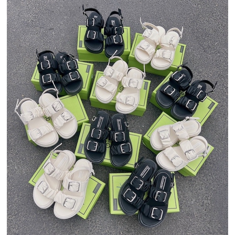 Giày sandal nhún bèo hai khuy vuông bản to Đế Dày Mềm Mại Chống Trượt Thoải Mái Phong Cách Thời Trang Cho Nữ