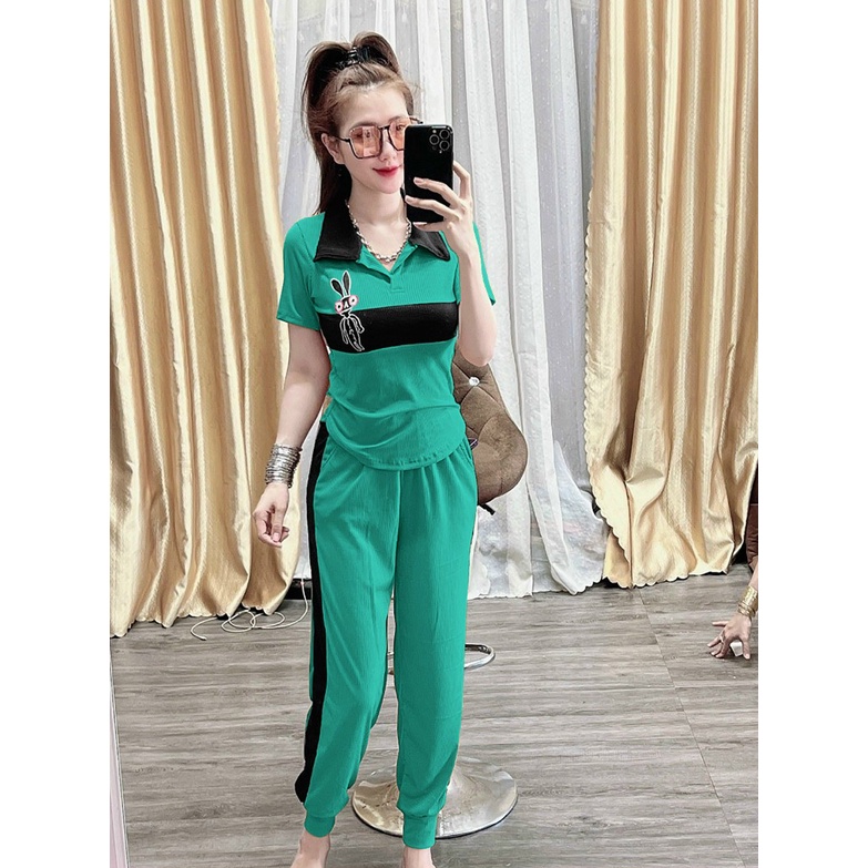 Set Đồ Thun Gân Cổ Bẻ Dáng Thể Thao Nữ - Phối Màu Đơn Giản - Logo Thêu - SP Y Hình