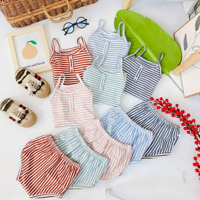 Bộ thun kẻ cotton mặc nhà cho bé gái