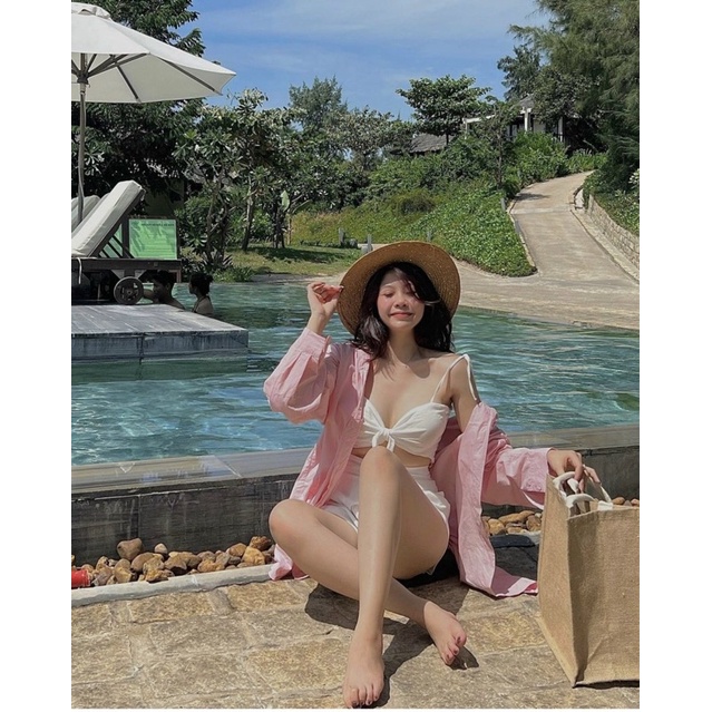 SET 3 MÓN ĐI BIỂN SƠ MI HỒNG + BRA 2S TRẮNG CỘT NƠ NGỰC + SHORT