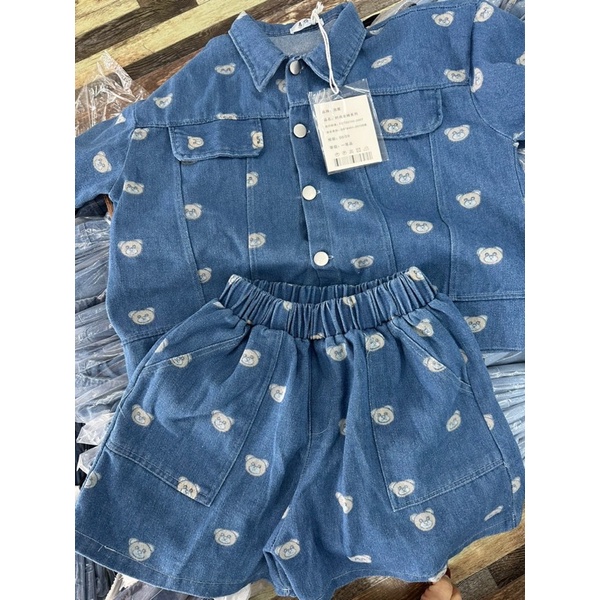 Set jean hoạ tiết gấu áo hai nắp túi kèm quần [ Kèm hình thật]