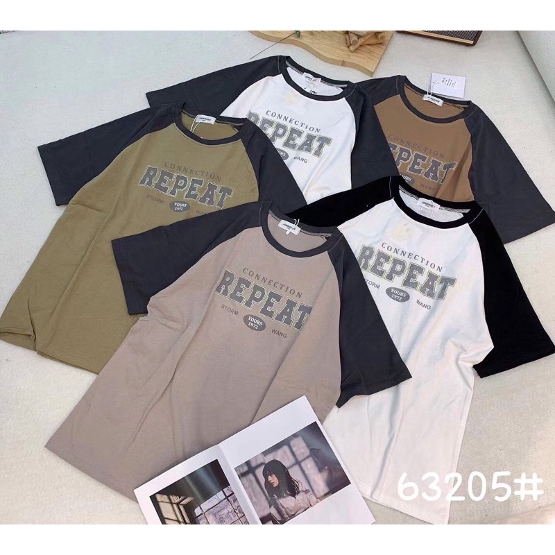 Áo thun nữ tay ngắn pha cổ tròn in chữ repeat hàng Quảng Châu chất cotton form rộng, áo phông mùa hè 63205