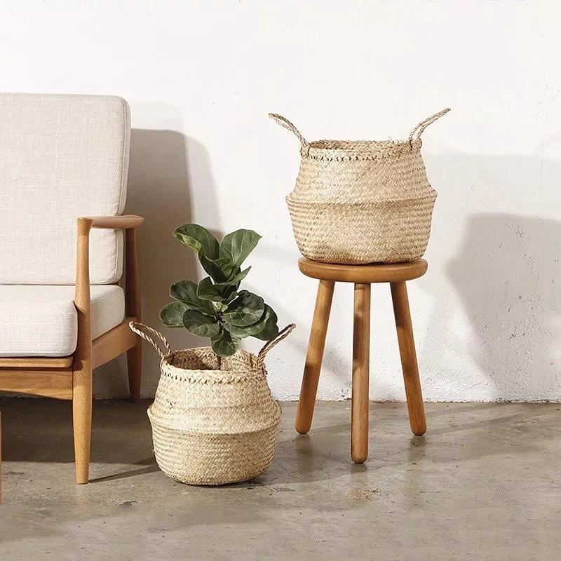 Giỏ cói trồng cây có quai dùng đựng quần áo, decor , đựng đồ đường kính 35cm