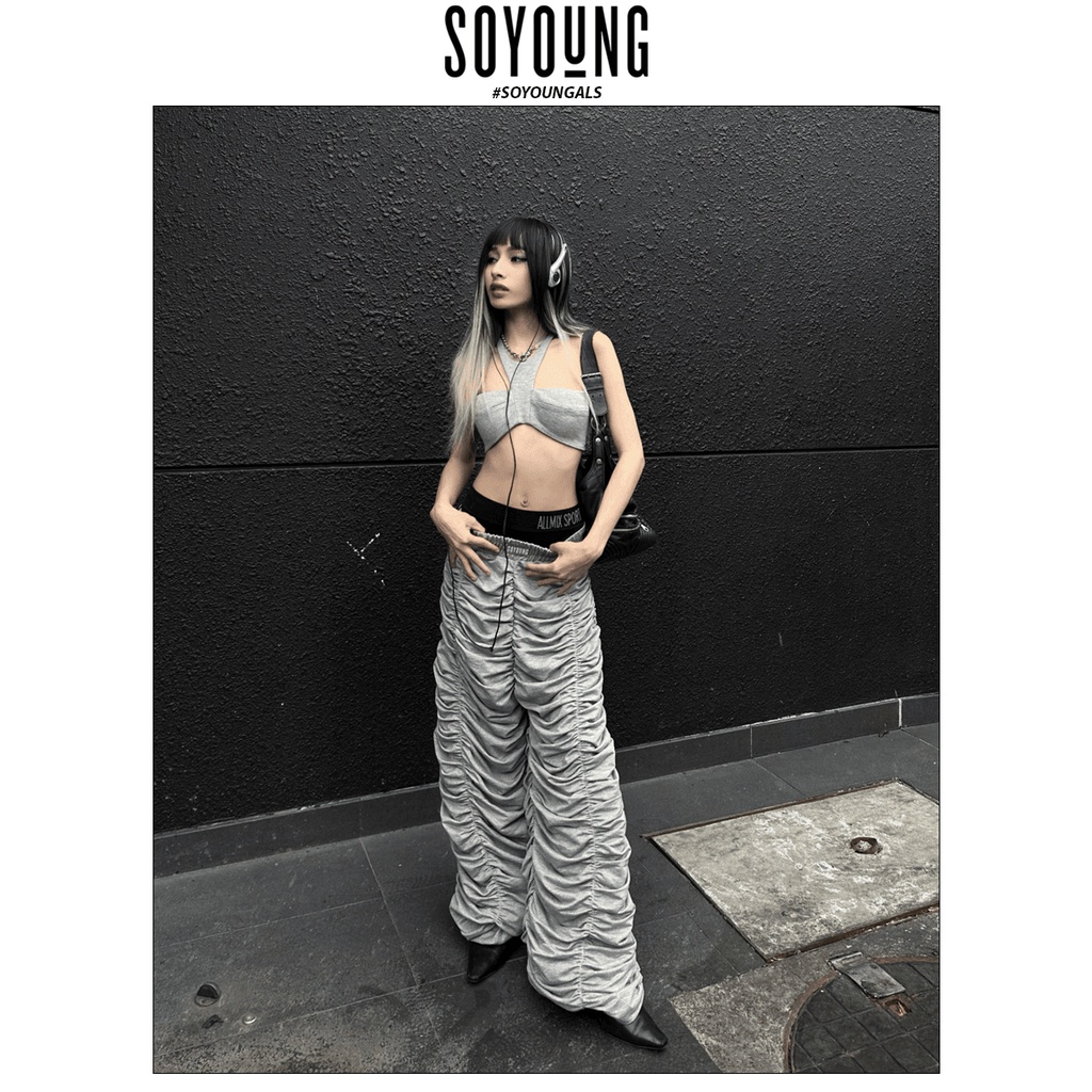 Áo croptop quây ngực và quần xuông ống rộng JOLI SO YOUNG phối nhún layer 3D style cá tính