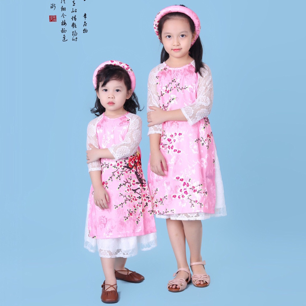 Set áo dài cách tân cho bé kèm mấn và chân váy hàng thiết kế màu hồng