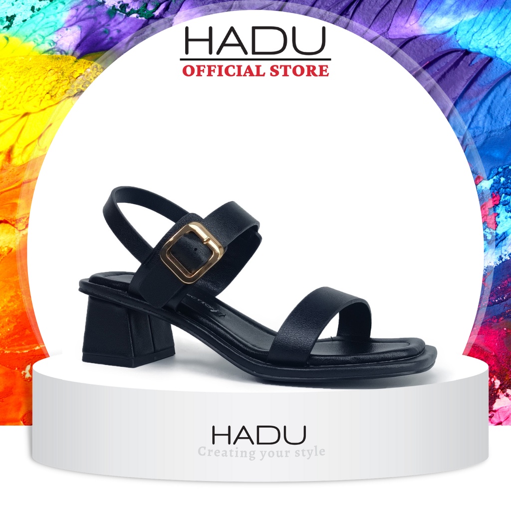 Giày sandal gót vuông 5p quai ngang da cao cấp cực mềm HADU M345 - BH 24 tháng