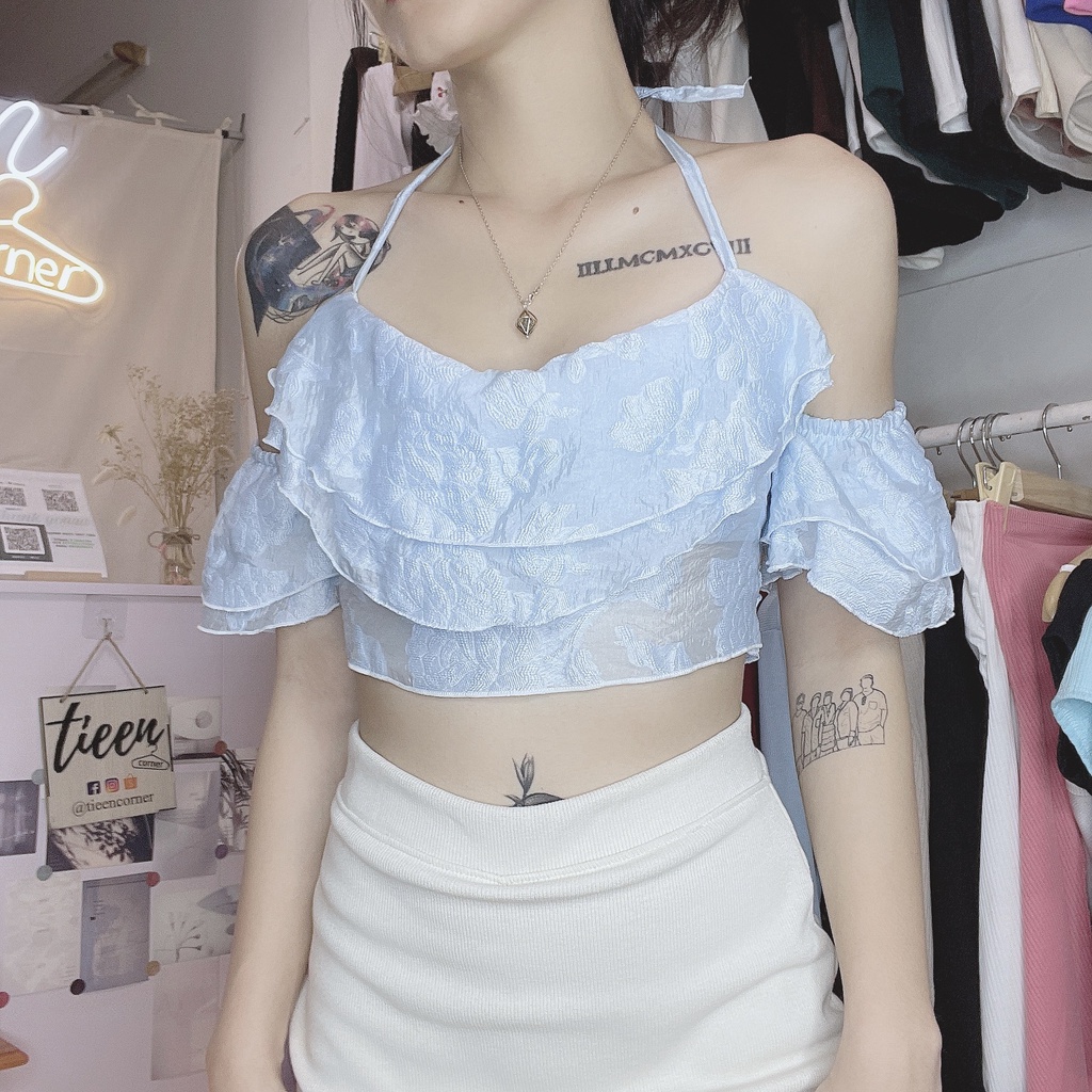 Áo croptop kiểu yếm tầng có tay pastel chất voan lưới hoa tieencorner 319