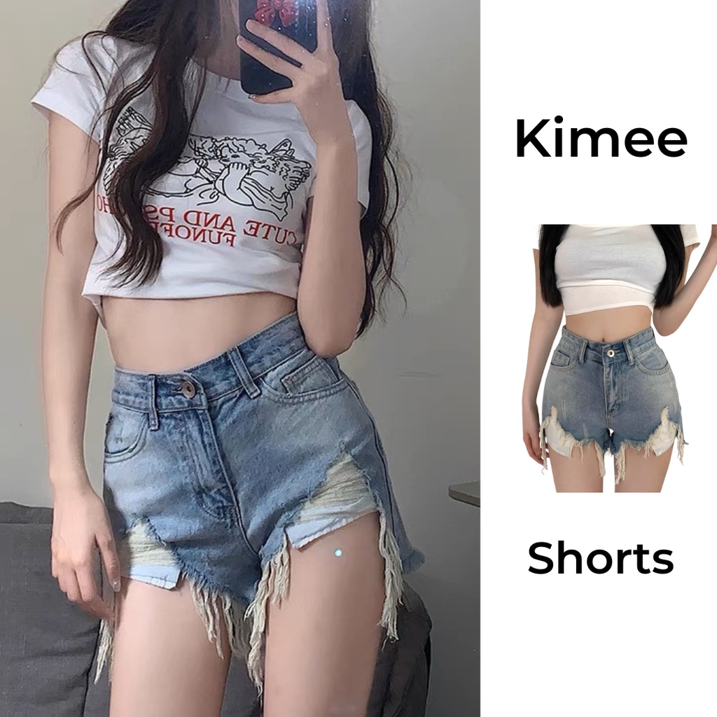 Quần đùi nữ jean rách nhiều lưng cao ống rộng, quần sooc nữ bò gợi cảm cho nữ Kimee MQ021