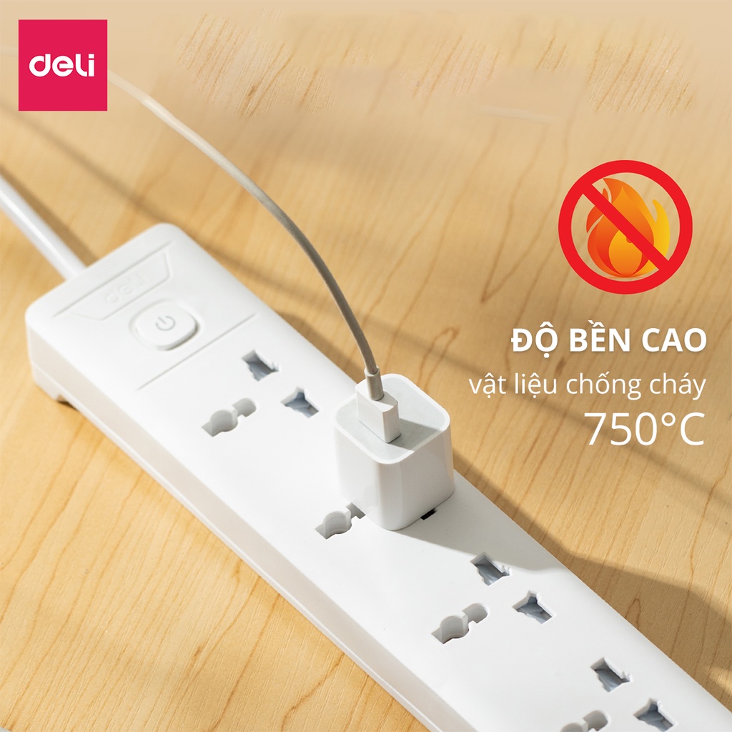 Ổ Cắm Điện Tích Hợp Cổng USB Đa Năng Deli, 2-6 Lỗ Cắm Đầu 3 Công Suất 2500W, Dây 2-5M Tiện Dụng, An Toàn, Chống Cháy Nổ