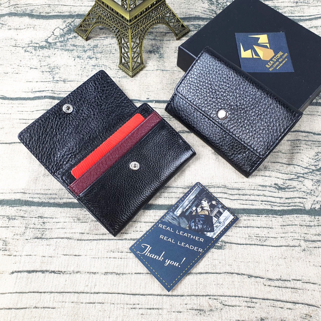 Ví da mini nam/nữ Đen mesh đỏ Cao Cấp – MN115, BH 3 Năm, Ví nhỏ