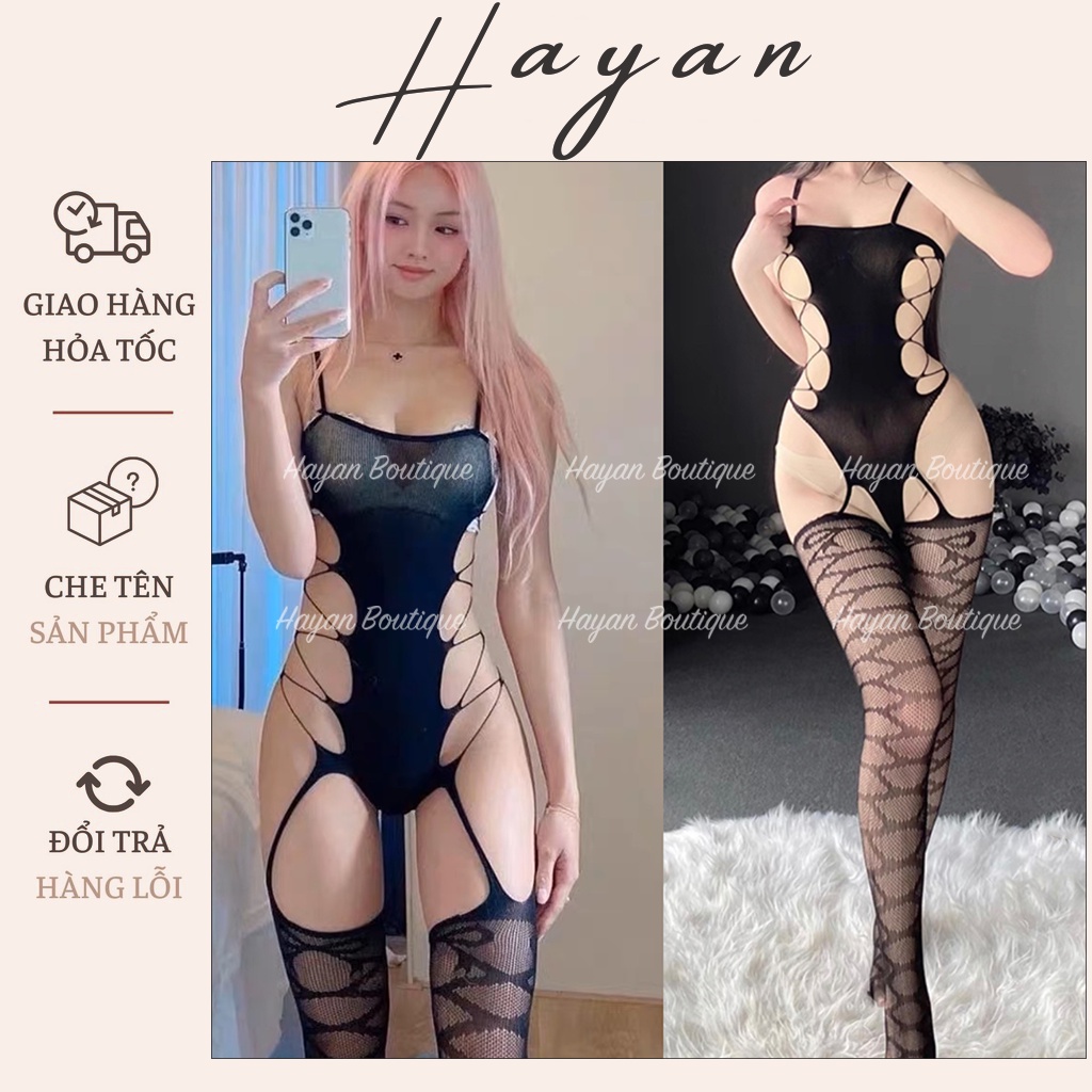 HT272 Đồ ngủ cosplay thun co dãn triết eo gợi cảm, váy ngủ ôm body dây đan kèm tất liền thân HT272