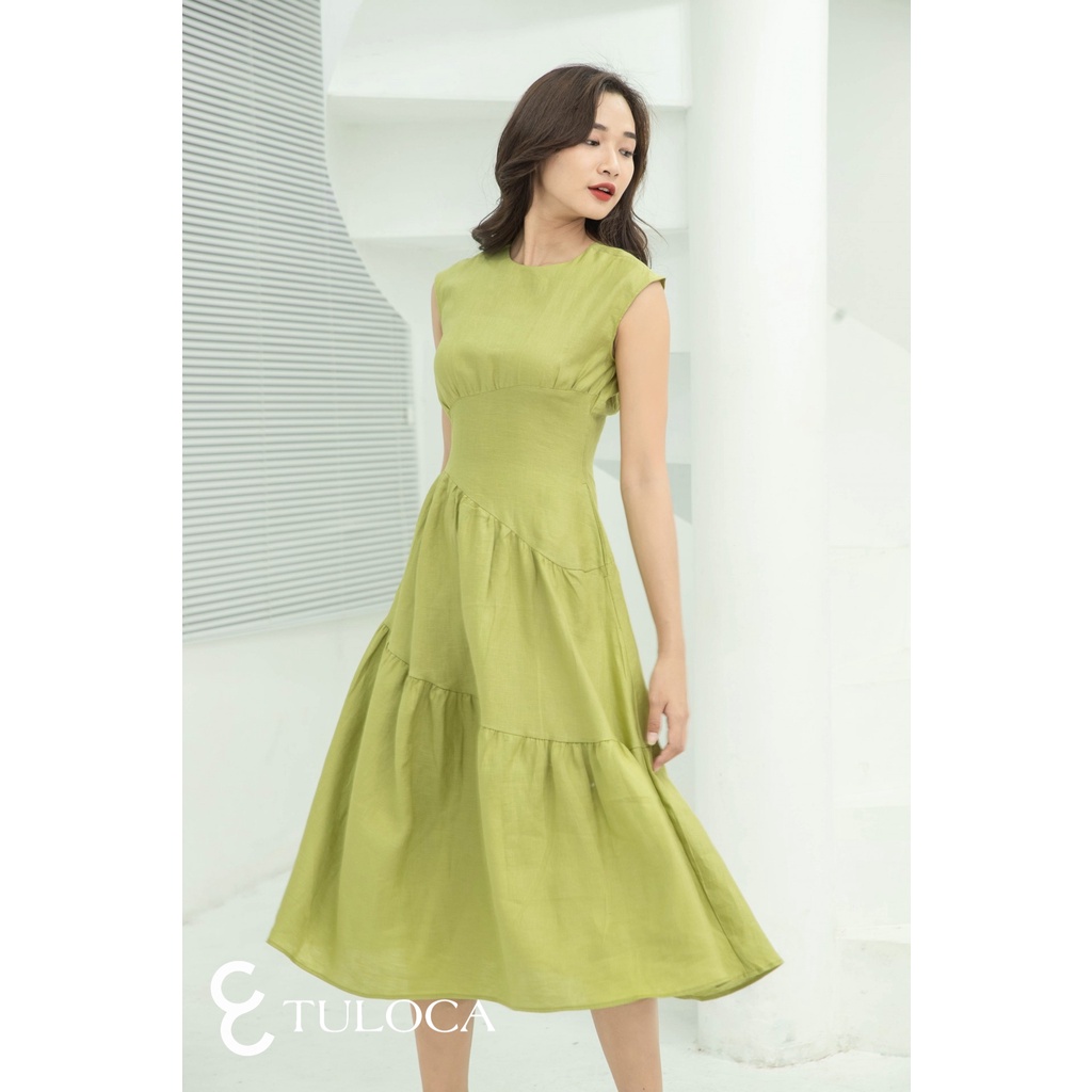 Đầm Midi Linen Thiết Kế Tuloca Xòe Tầng Sát Nách Có Túi Màu Xanh Cốm