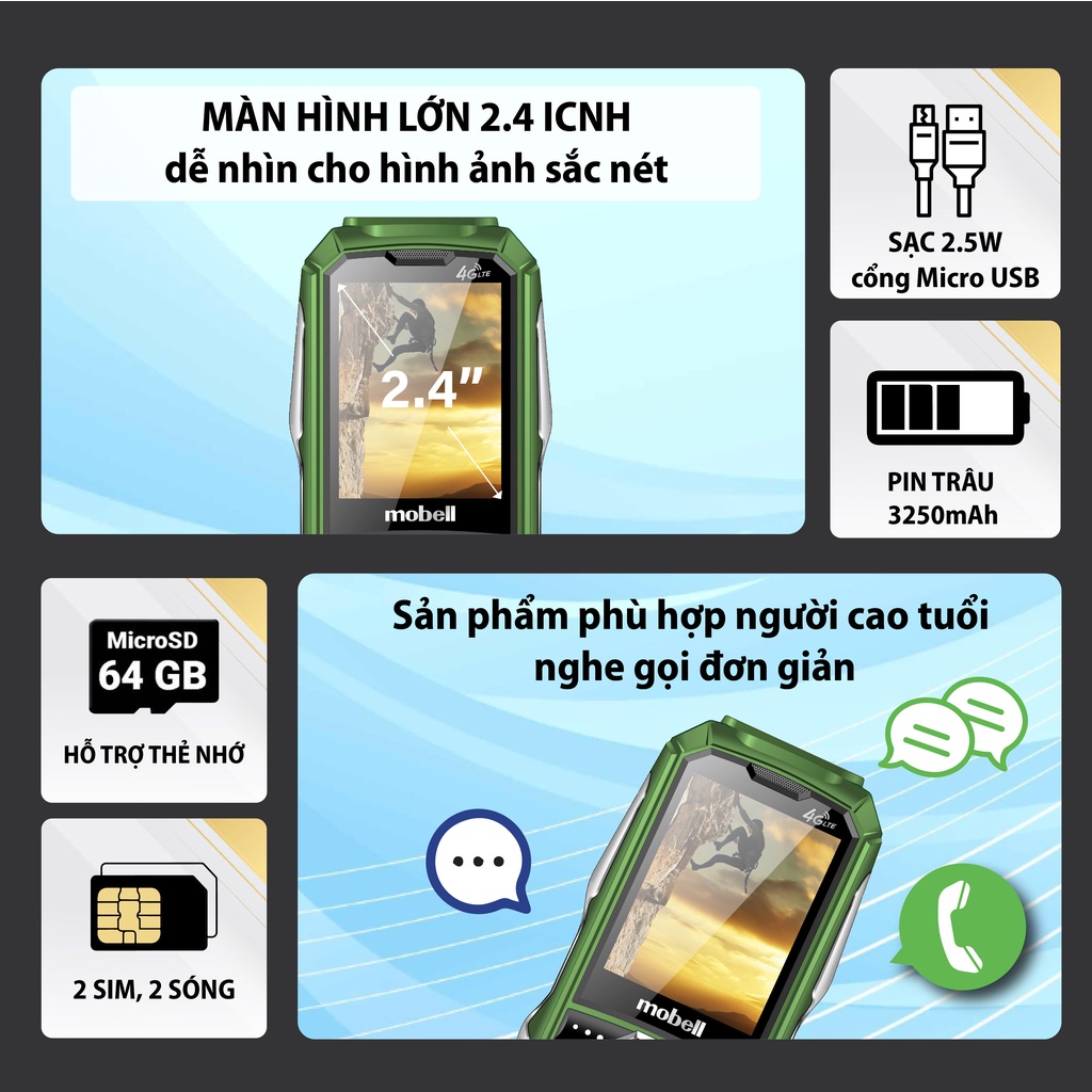 Điện thoại phổ thông Mobell ROCK4-OL thiết kế quân đội pin trâu nghe gọi cả ngày 2 sim 4G phù hợp cho người cao tuổi