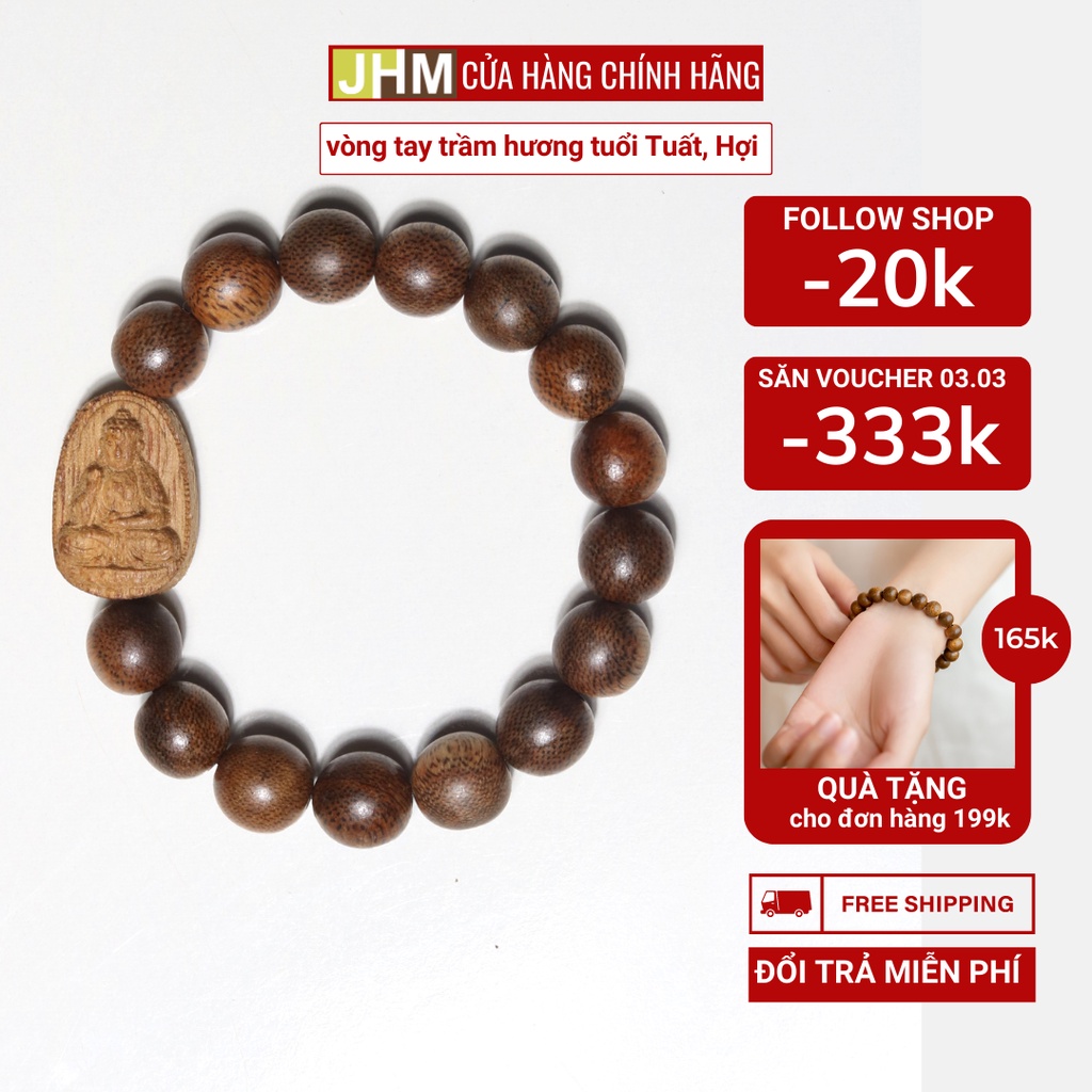 Vòng tay trầm hương tốc dành cho nam tuổi Tuất, tổi Hợi 12mm JHM kèm tượng Đức Phật A Di Đà