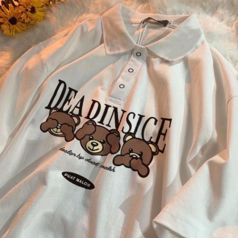 Áo Polo Hana Thời Trang Unisex - Áo Polo nữ Form Rộng Tay Lỡ Unisex Màu Trắng In Hình Gấu DEA DINSICE
