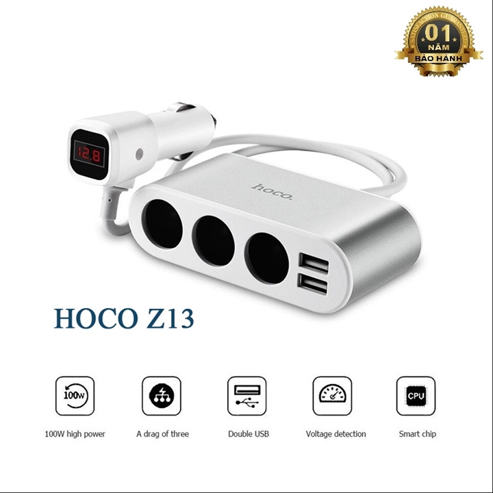 Sạc Xe Oto - Xe Hơi Hoco Z13 3 Tẩu Sạc - 2 Cổng Sạc USB Tổng Công Suất 100W BH 1 Năm