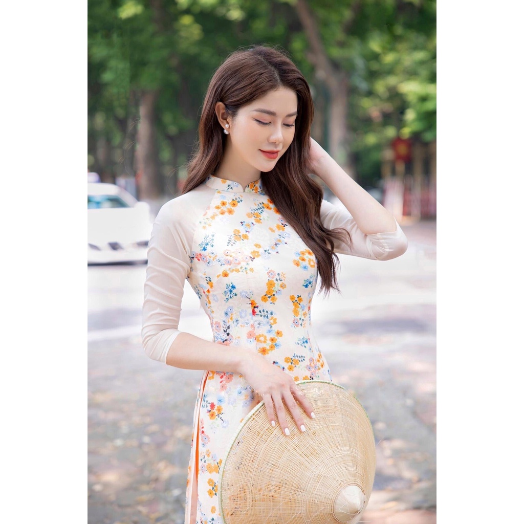 Áo Dài Hoa Nhí Vải voan tơ ép  may áo 4 tà quần lụa tone màu nhẹ nhàng