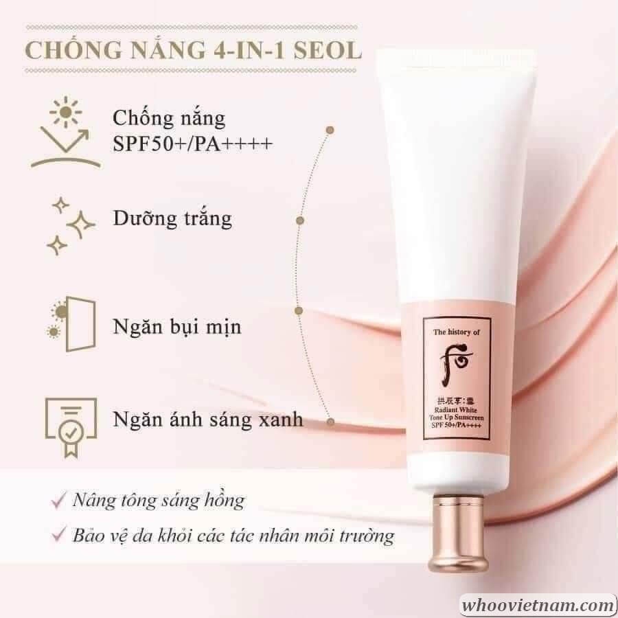 Gói kem chống nắng dưỡng trắng nâng tone da trắng hồng Whoo Radiant White Tone Up Sunscreen