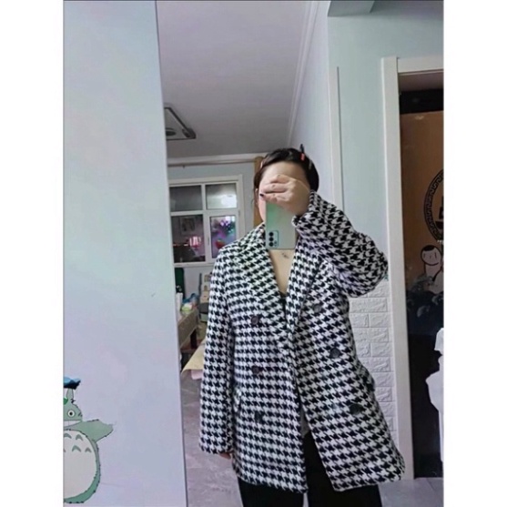 Áo khoác/ Áo dạ phối màu đen trắng kèm belt túi kẻ xinh xắn dành cho nữ