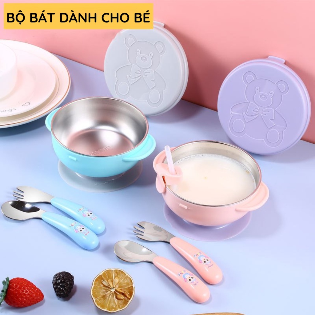 Chén/Bát Ăn Dặm Đế Hít Chống Đổ Ấm Baby Lõi Inox An Toàn Tiện Lợi Cho Bé Ấm Gift Decor