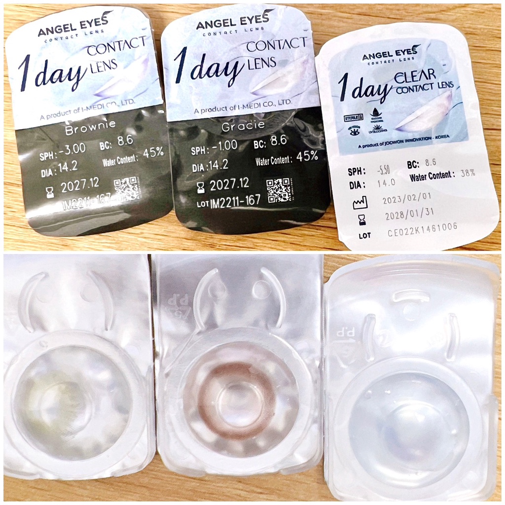 Kính Áp Tròng/ Lens mắt đeo 1 ngày có màu Nâu Brownie & Xám Gracie 24h không cần dùng nước ngâm