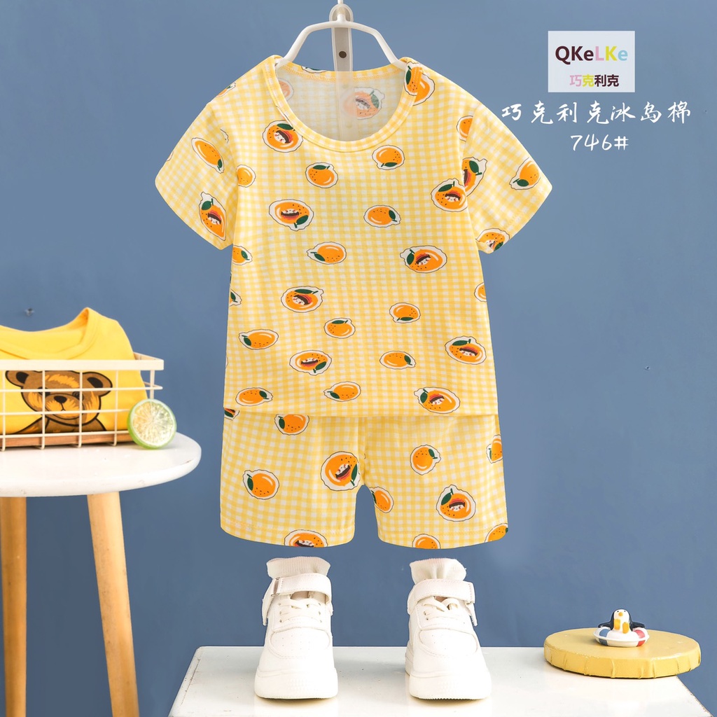(Xuất hàn QiQi 8-36kg) Bộ quần áo cotton ngắn tay QiQi xuất hàn cho bé gái 8-36kg