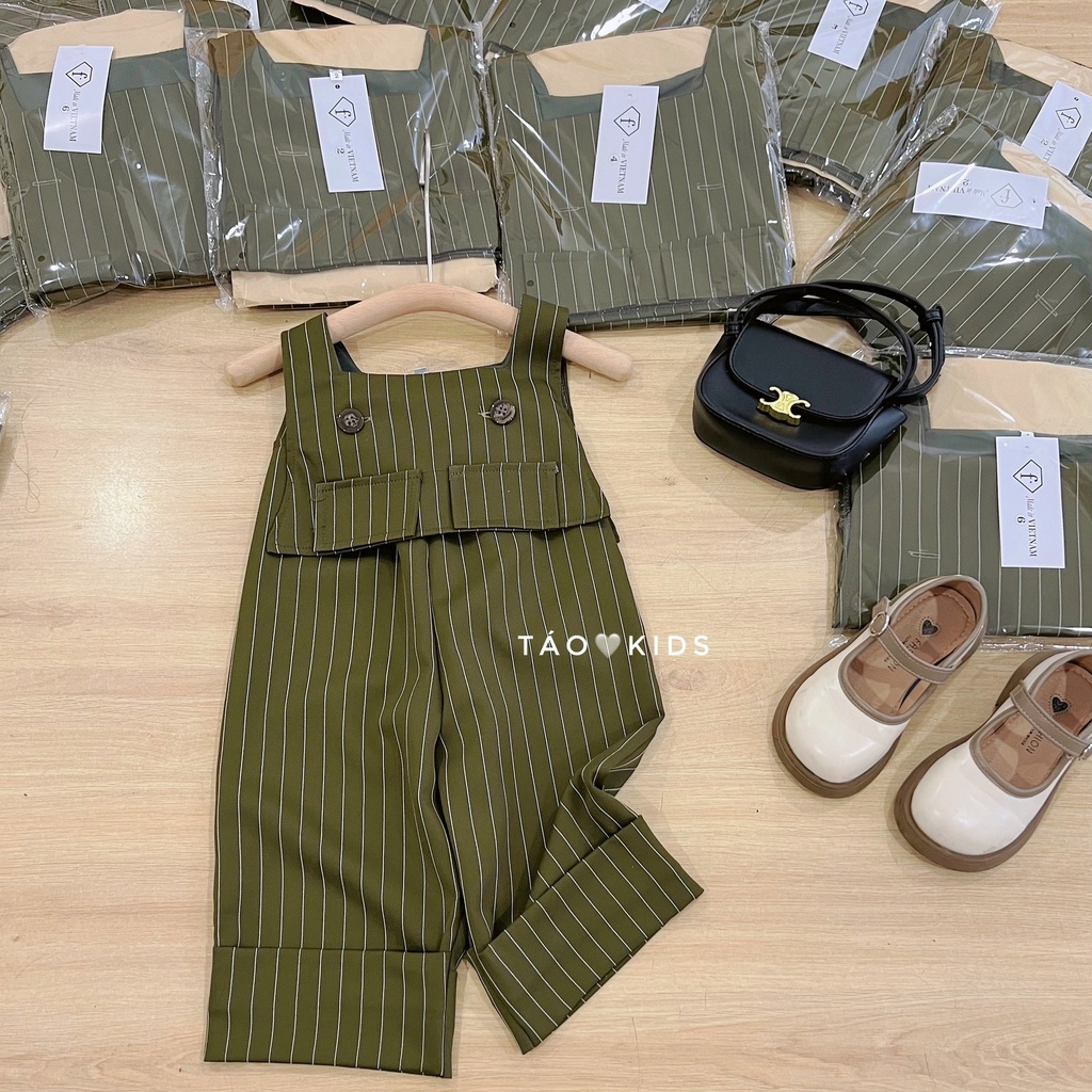 Set áo kẻ đứng màu rêu bé gái