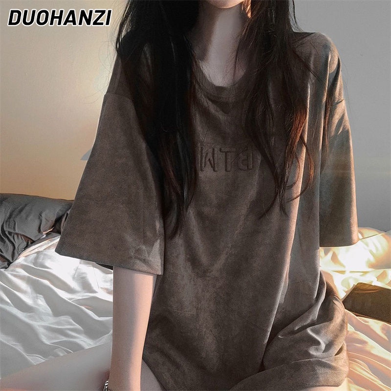 DUOHANZI Áo Thun Nữ Ngắn Tay Dáng Rộng Phong Cách Retro Thời Trang