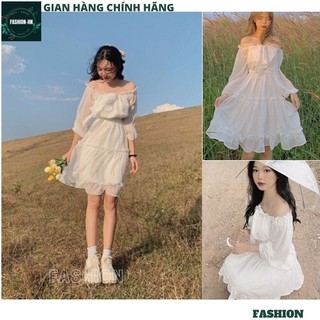 Đầm dự tiệc trễ vai bèo tầng tùng xòe cực xinh form chuẩn tôn dáng - Váy trắng hở vai thiết kế ulzang - FASHION V18