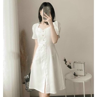 Đầm váy freesize trắng nút ngọc cổ tim