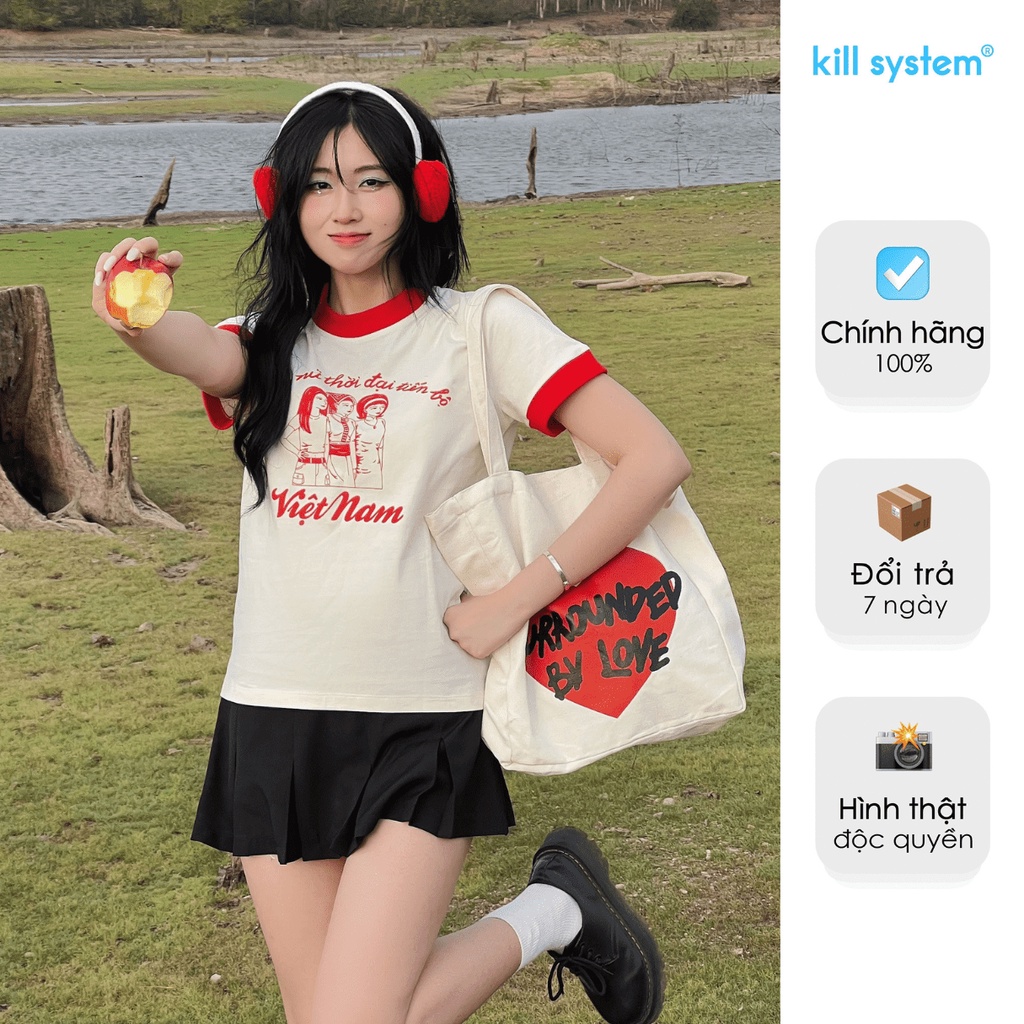 Áo thun nữ Killsystem form fit Tam Nương màu kem đỏ hình in chất vải cotton