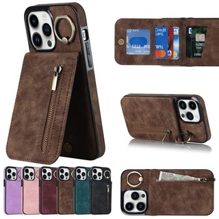Đứng Thẻ Dọc Giá Đỡ Dành Cho iPhone 7 8 Plus XR XS 11 12 13 14 15 16 Pro Max Ốp điện thoại Da PU Vintage Sang Trọng Dây Kéo Ví Ốp điện thoại