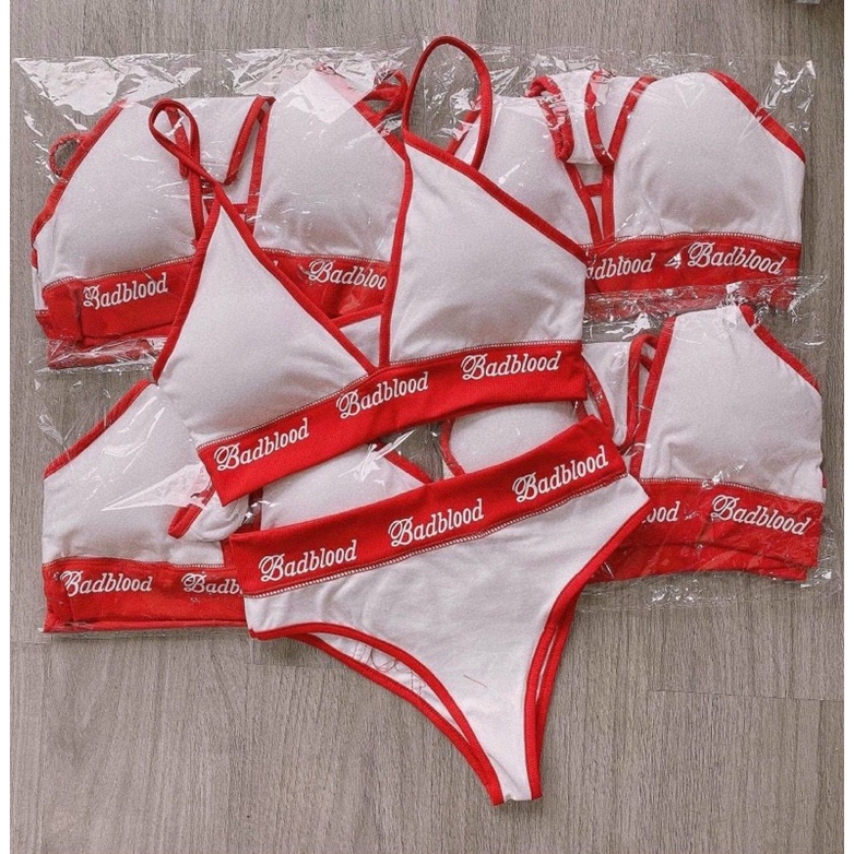 Bikini trắng viền đỏ in chữ cá tính-Komistore