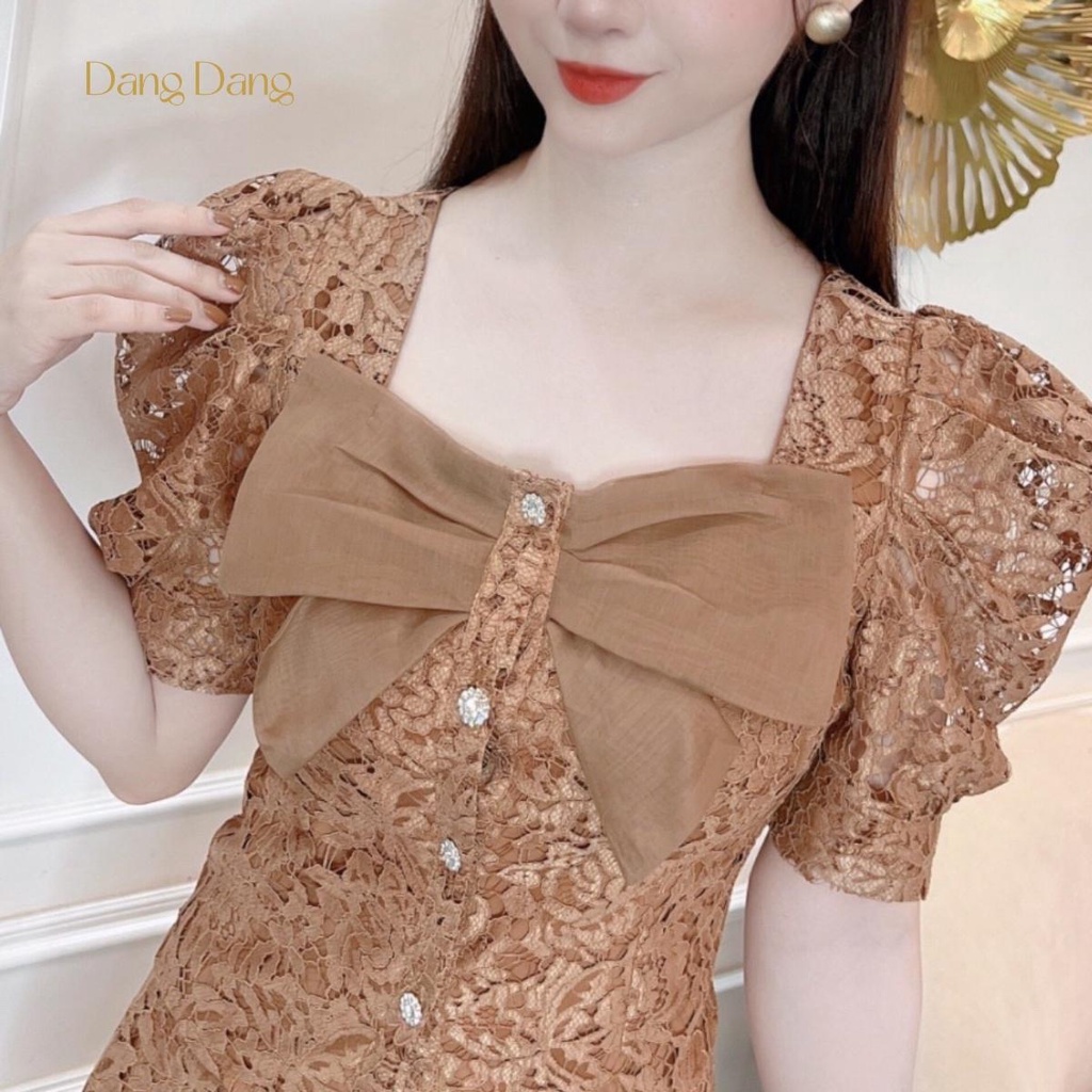 Bộ đồ ren DANG DANG áo cộc tay nơ + chân váy xếp ly cao cấp