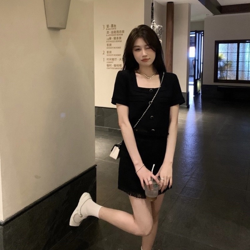[S214] Set Dạ Viền Tua Rua Mix Chân Váy A Có Lót Quần Kèm Ảnh Thật