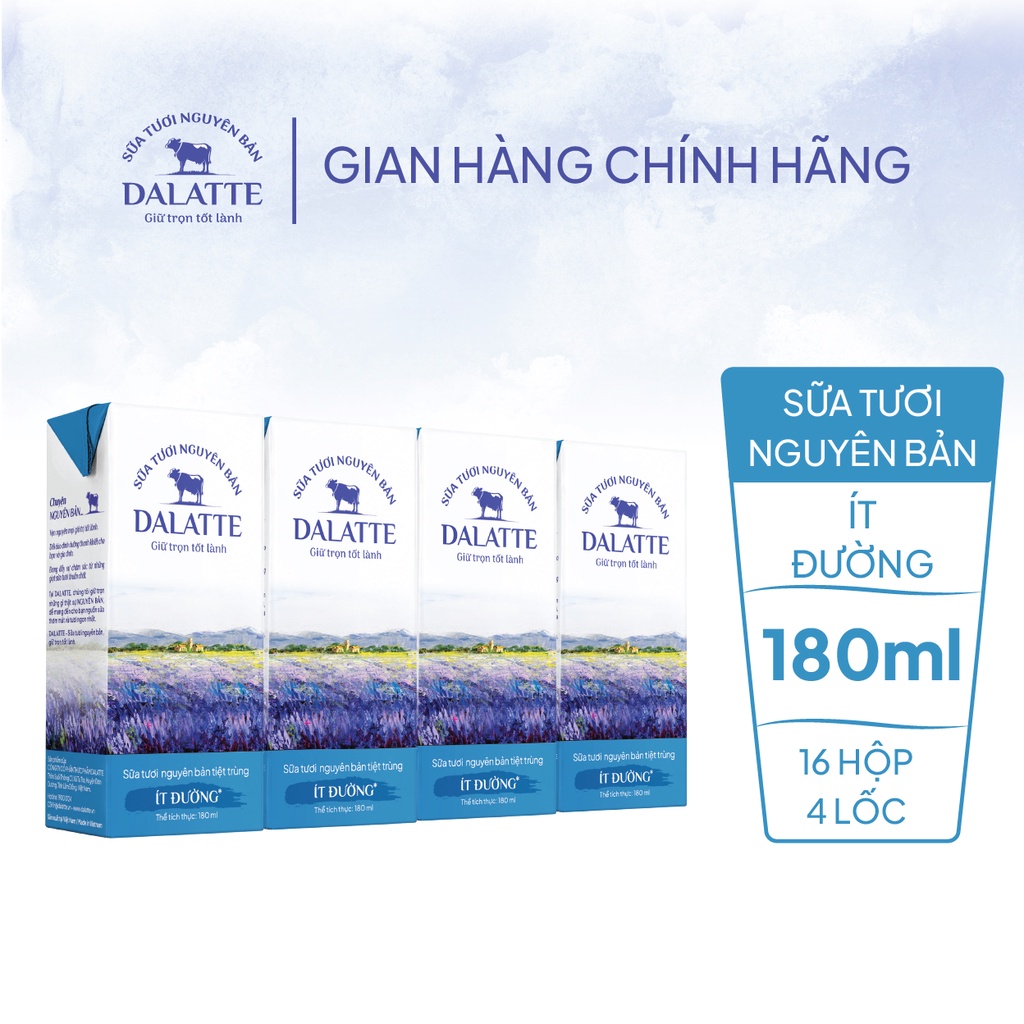 Combo 4 Lốc (16 hộp) - DALATTE 180ml SỮA TƯƠI NGUYÊN BẢN tiệt trùng - Ít đường - Giữ trọn nguyên bản, trao trọn tốt lành