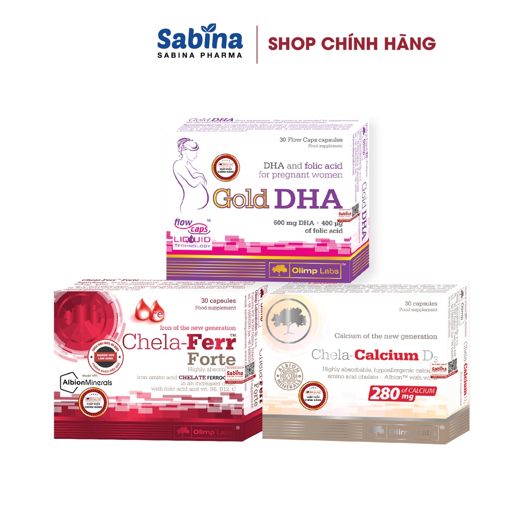 COMBO 3 hộp Sắt Chela-Ferr Forte 11,4g + Gold DHA 25,35g+ Canxi Chela-Calcium D3 36,6g (Olimp labs)
