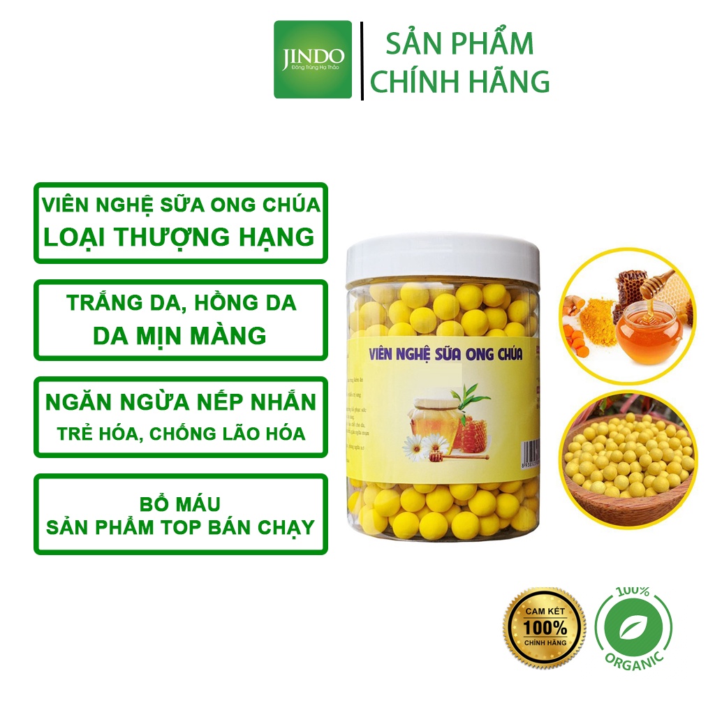 Viên Nghệ sữa ong chúa JINDO 500g tác dụng trắng hồng da mịn màng, ngăn ngừa nếp nhăn, trẻ hoá da, chống lão hóa