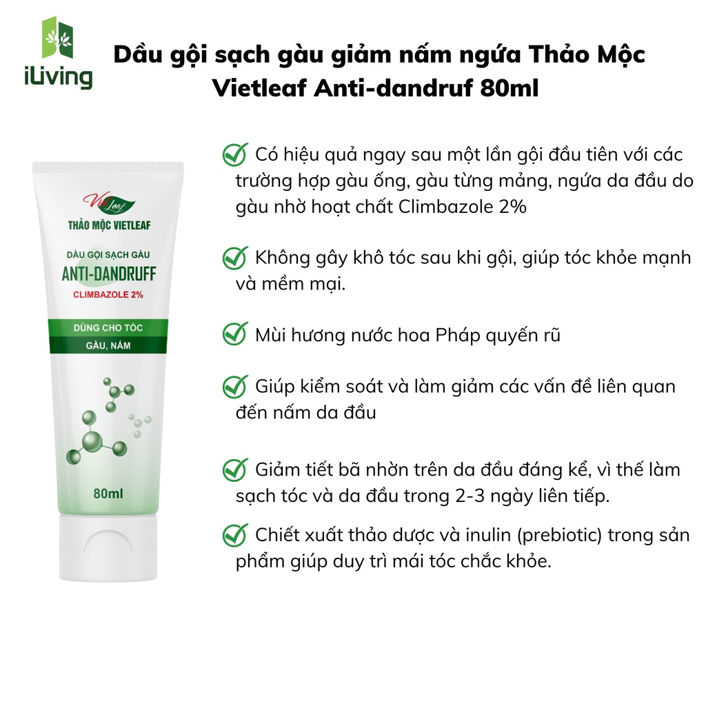 Dầu gội sạch gàu giảm nấm ngứa Thảo Mộc Vietleaf Anti-dandruf 80ml ILIVING-VIEDGSG80