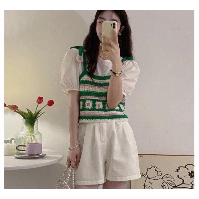 Áo móc len 2 dây siêu xinh phối dây cột có hoa cho nữ