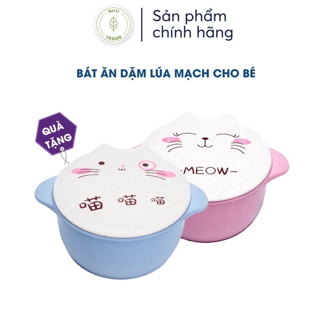 Bát Ăn Dặm Lúa Mạch Cho Bé Có Nắp Đậy Hình Mèo Ngộ Nghĩnh, Bát Ăn Cơm Cho Bé - nutivegan